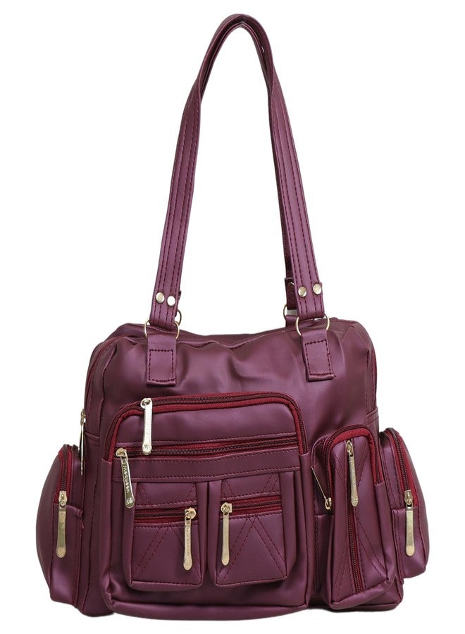 C Classic Women's Multi-Pocket Shoulder Bag, Faux Leather, Gold-Tone Zippers, Multiple Compartments, Adjustable Strap, for Work Travel Daily Use (Maroon) - Image 1